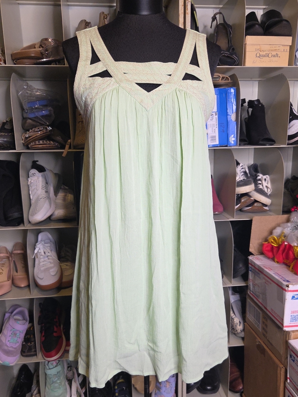 Daytrip Pale Green Sleeveless Crochet Yoke Sundress